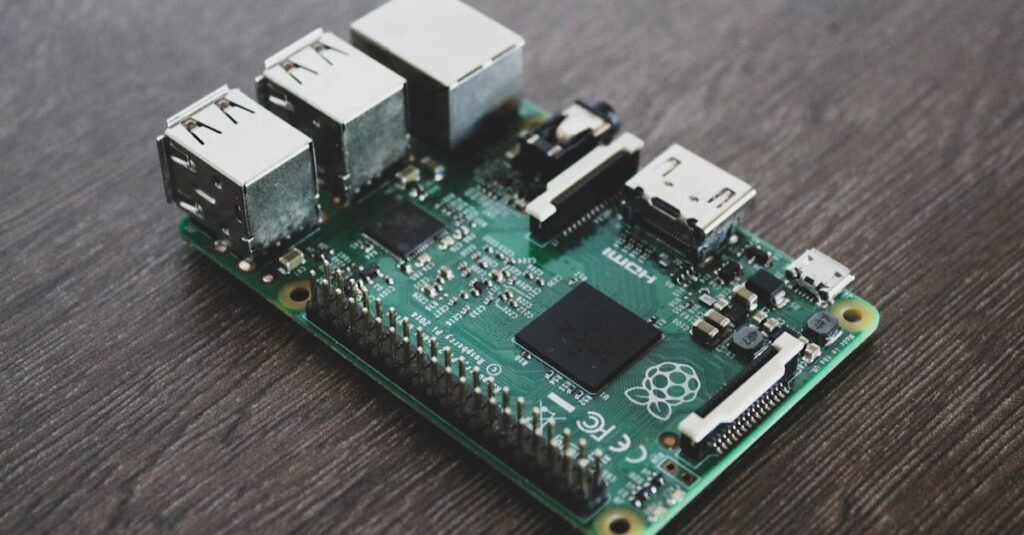Detailed view of a Raspberry Pi circuit board with microchips and components.